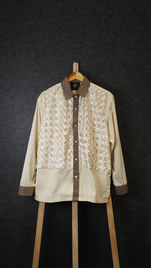 Off-White Linen Barong with Solihiya Embroidery and Handwoven Abra Details - image