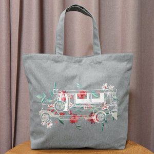 Floral Jeepney on Gray Canvas Shopping Tote - image