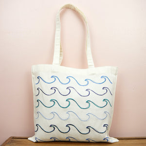 Waves on Small Natural Canvas Tote - image
