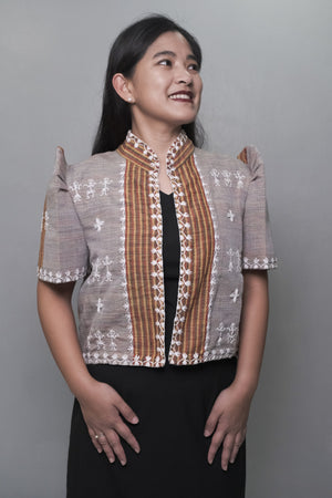 Grey and yellow Tiniri Bolero, handmade with white handstitched embroidery - image
