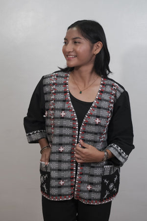 MIxed weave Kantarines-Binakol kimono jacket in black and grey with white and red Itneg embroidery - image