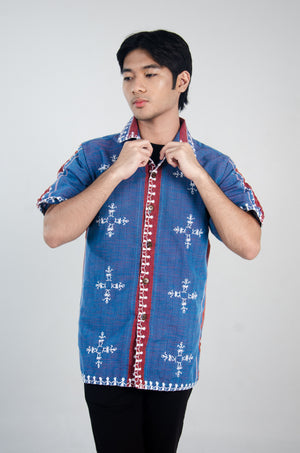 Men's Tiniri Polo in royal blue white Itneg embroidery - image