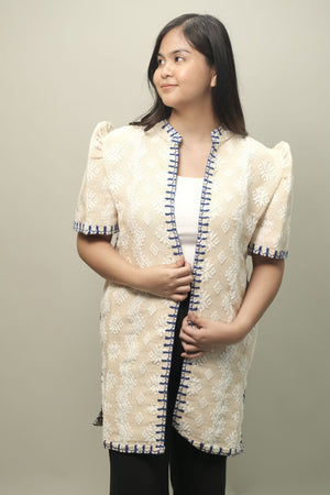 Pinilian Filipinaina in cream with blue Itneg embroidery - image