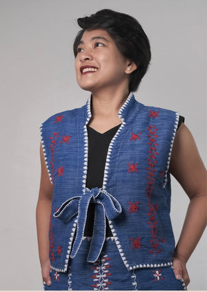 Tiniri crop vest in royal blue with white and red Itneg embroidery - image