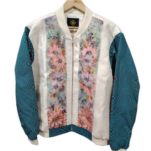 Teal handpainted floral bomber jacket - image