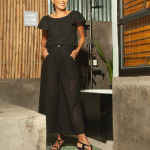 Flat Waistband Wide Hem Pants with Belt Loop in Black Eyelet - image
