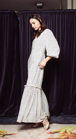 Front Wrap Jumpsuit Shirred Pants with Detachable Belt in White Base Polka - image