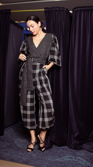 Oversized Front Wrap Jumpsuit with Belt in Black and White Checks - image