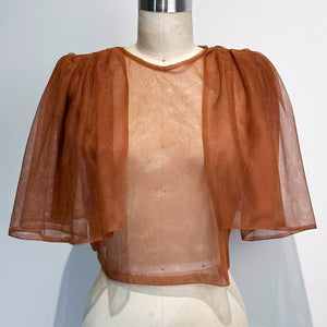 Oversized Shirred Sleeve Open Back Top in Brown Tulle - image