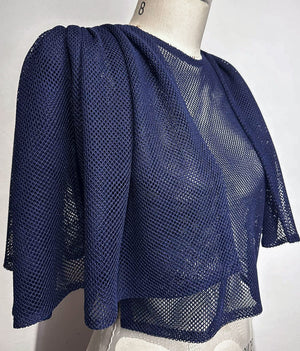 Oversized Shirred Sleeve Open Back Top in Navy Blue Net - image
