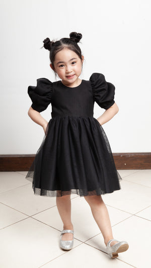 Puff Sleeve Below-The-Knee Tulle Dress in Black Linen - image