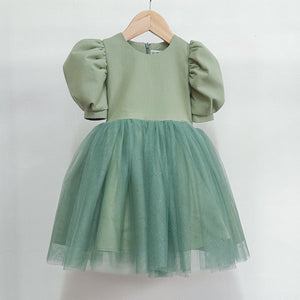 Puff Sleeve Below-The-Knee Tulle Dress in Sage Linen - image