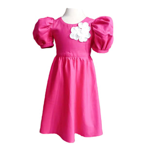 Puff Sleeve Maxi Dress with White Linen Florets in Hot Pink Linen - image