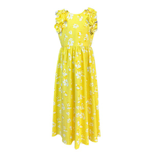 Sleeveless Maxi Dress with Florets on Armhole in Yellow Floral Cotton - image