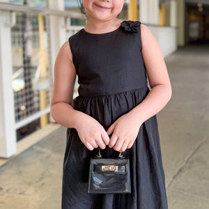 Sleeveless Maxi Dress with Single Floret in Black Linen - image