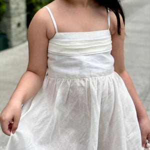 Spaghetti Strap Front Pleated Detail Floor Length Dress in White Linen - image