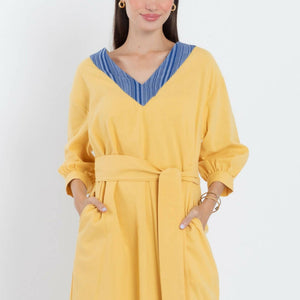 Alejandra Dress in Yellow with Deep Blue Yakan - image