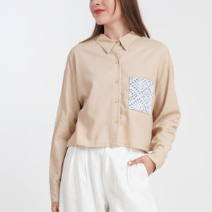 Lexi Longsleeves in Oat with Denim Pocket - image