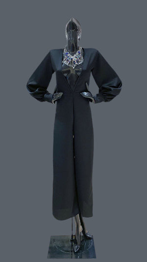 Deep V-Neck Long Sleeve Jumpsuit in Black Crepe - image