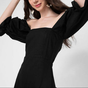 LUINIA Linen Puff Sleeve Dress Black - image