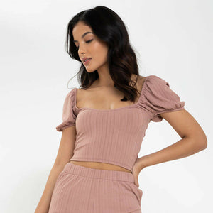 Marga Cropped Top with Puffed Sleeves - Old Rose - image
