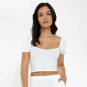 Marga Cropped Top with Puffed Sleeves - White - image
