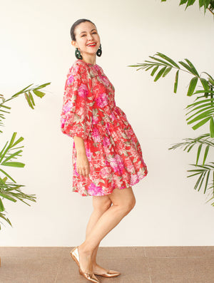 Barrymore Babydoll Dress in Red Pink Floral Print - image