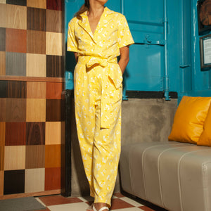 Front Zip Lapel Tapered Jumpsuit in Yellow Floral - image