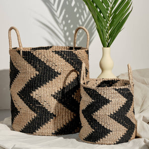 Abaca Basket Chevron Round Black-White - image