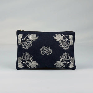Silver Lotus Flower on Small Denim Zip Up Pouch - image