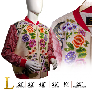 Hand-Painted Floral Bomber Jacket with Indigenous Red Weave Long Sleeves - image