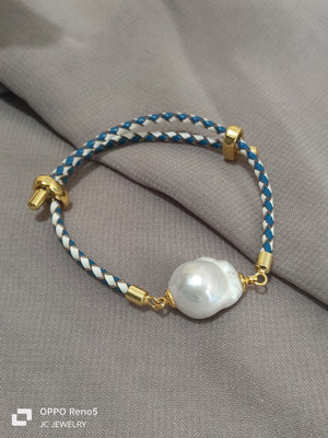 Blue white baroque leather bracelet - image