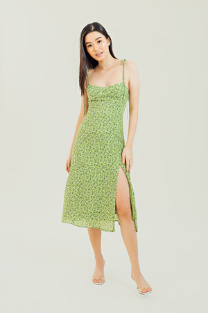 Coco Green Floral All Over Print Self Tie Midi Dress - image