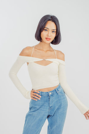 Emmette Cream Knitted Halter Self Tie Top and Long Sleeves Set - image