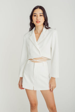 Caitlin White Notched Collar V Neck Long Sleeves Crop Blazer with Waist Tie - image