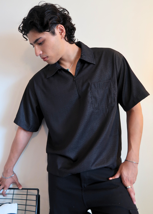 Boxy Half Zip Polo | Black Grainy - image