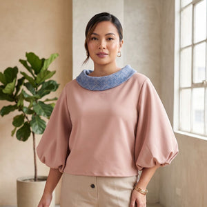 Solenne Inabel-Collared Voluminous Sleeves Top - Denim Blue Weave - image