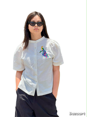 WOMAN'S SHORT SLEEVE STAND COLLAR SHIRT WITH EMBROIDERY - image
