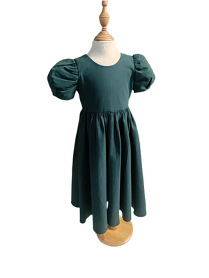 Puff Sleeve Balloon Dress in Dark Emerald Linen - image