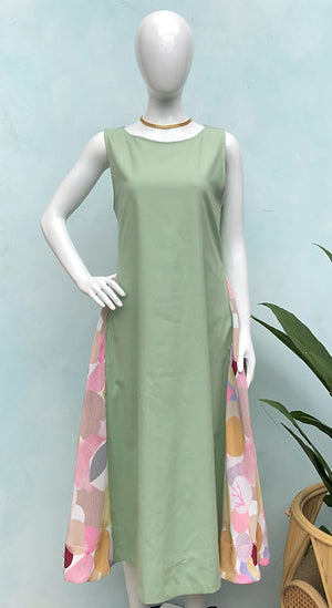 Confidence Shift Dress Linen Green With Printed Pleated Accent - image