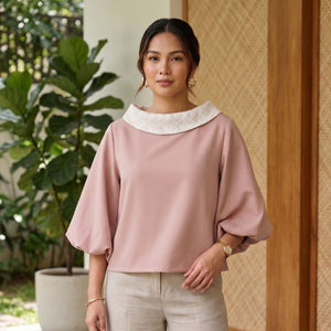 Solenne Inabel-Collared Voluminous Sleeves Top - White & Coral Weave - image