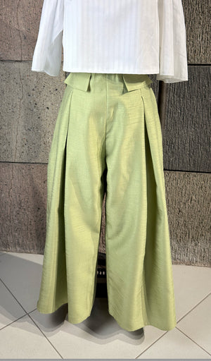 High Waist Front and Back Pleated Wide Hem Pants in Avocado Green Gazar - image
