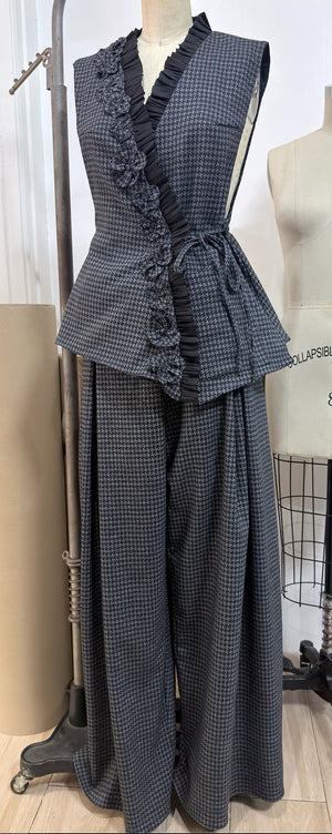 High Waist Front and Back Pleated Wide Hem Pants in Blue Grey Checks Light Wool - image