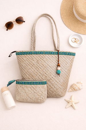 Pandan weave shoulder bag w/ pouch - image