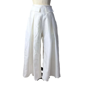 High Waist Front and Back Pleated Wide Hem Pants in Cream Gazar - image