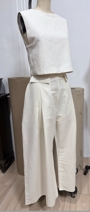 High Waist Front and Back Pleated Wide Hem Pants in Cream Stripe Linen - image