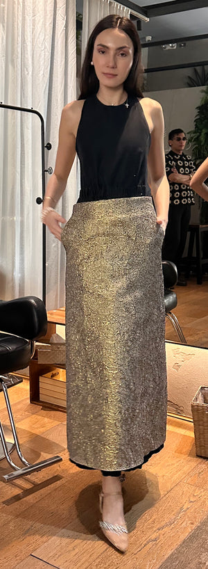 Back Zip A-Line Skirt in Gold Flower Brocade - image