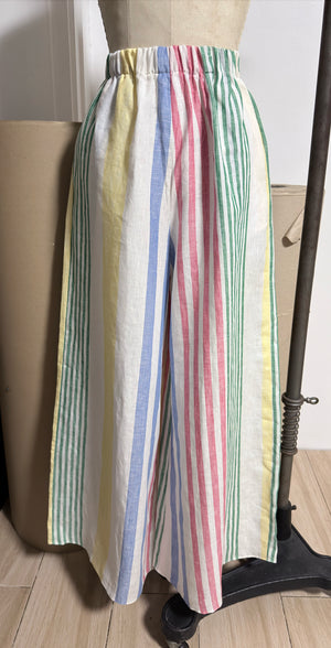 Full Elastic Wide Hem Pants in Multicolor Linen - image