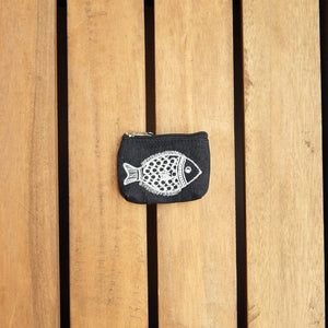 Fishy on Dark Denim Coin Purse (two sided embroidery) - image