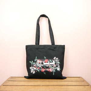 Floral Jeepney on Small Black Canvas Tote - image